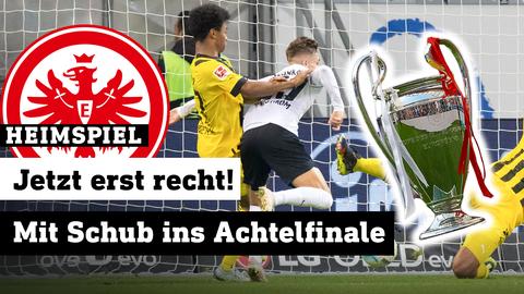 Fußballer während des Spiels, rechts Pokal. Text: Heimspiel - Jetzt erst recht! Mit Schub ins Achtelfinale