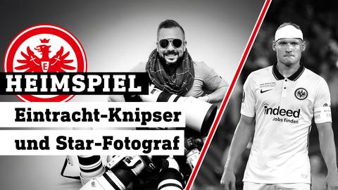 Collage aus zwei schwarz-weiß-Fotos: Fotograf Kai Pfaffenbach (links) und Ex-Eintrachtprofi Sebastian Rode mit Kopfverband (rechts). Text: Heimspiel - Eintracht-Knipser und Star-Fotograf