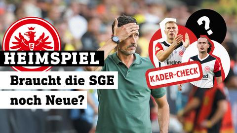 Toppmöller hält sich am Spielfeldrand die Hand vor die Stirn. Oben schweben in zwei Kreisen die Spieler Rasmus Kristensen und Arthur Theate. Ein Stempel: "Kader-Check". Logo: Heimspiel / Text: Braucht die SGE noch Neue?