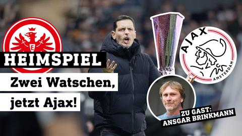 Trainer Toppmöller, rechts sowohl die Trophäe als auch das Logo von Ajax, unten rechts im Bild ein Protraitbild von Ansgar Brinkmann.