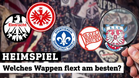 Die Vereinswappen von Eintracht Frankfurt, dem FSV Frankfurt, Darmstadt 98 und Kickers Offenbach, im Hintergrund eine Fankurve im Stadion, rechts eine Hand mit Lupe (Collage).