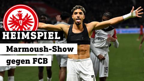 In-Form-Stürmer Omar Marmoush freudestrahlend ohne Trikot nach dem 3:3 in der Nachspielzeit gegen Bayern München.