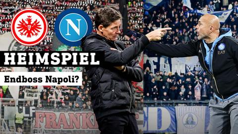 Links Eintrachtfans, Logo Eintracht Frankfurt und vorne Trainer Oliver Glasner. Rechts Neapelfans, Logo SSC Neapel und vorne Trainer Luciano Spalletti