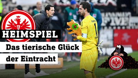 Torwart Kevin Trapp hält ein Glücksschwein in der Hand. Text: Das tierische Glück der Eintracht.